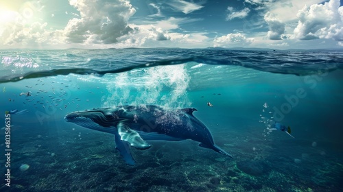 Split View Underwater Shot of Whale and Marine Life Swimming in Ocean. Illustration photo