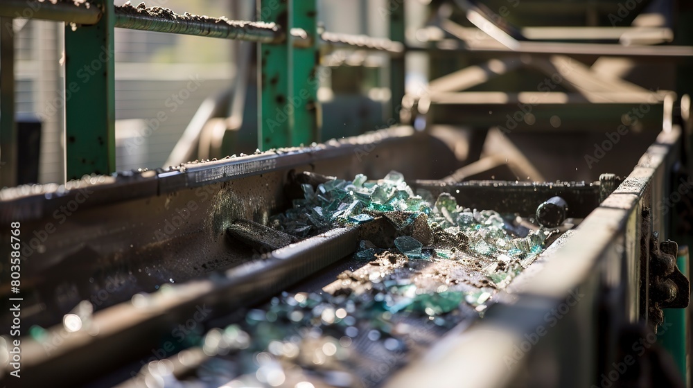 Processing recycled glass, close-up, detailed crushing and sifting machinery Processing recycled glass, close-up, detailed crushing and sifting machinery