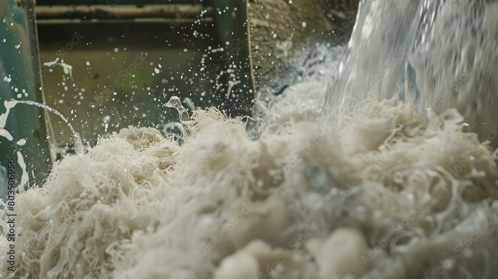 Paper recycling process, close-up of pulping and water removal, detailed fibers reformation Paper recycling process, close-up of pulping and water removal, detailed fibers reformation