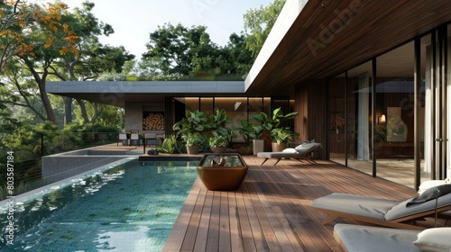 Serenity at modern poolside with wooden deck and walls © Manzoor