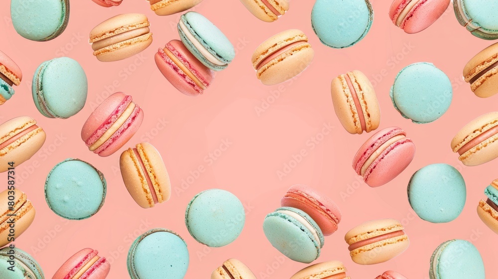 A close up of a pink, blue, and yellow macaron with a pink center, copy space A close up of a pink, blue, and yellow macaron with a pink center, copy space