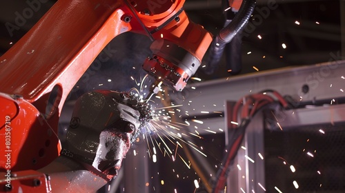 Robotic welding in action, close-up, bright sparks and meticulous joint work photo
