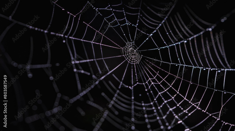 Fototapeta premium Spooky Halloween background with black lace spider web silhouette against a dark backdrop, Ai Generated.