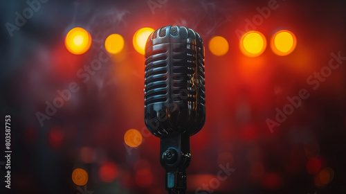 Microphone in stage lights. World rock and roll day. Concept of music, song. Retro Microphone On Stage With Bokeh Light