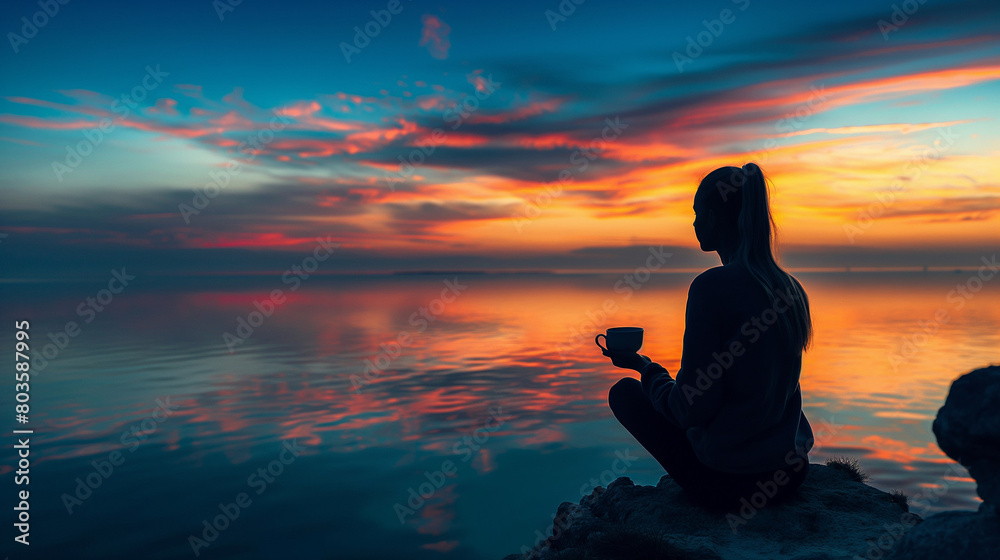 Silhouette of a woman enjoying tea on a seaside cliff at sunset