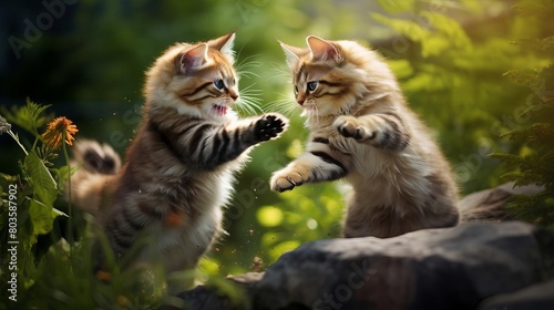 Action shot of two cats fighting, leaping with paws, outdoor environment, blurred background