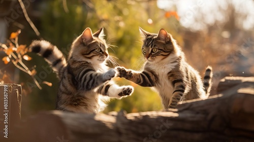 Action shot of two cats fighting, leaping with paws, outdoor environment, blurred background photo