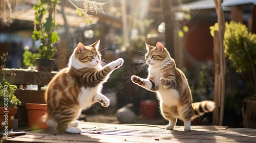 Actionfocused outdoor scene of two cats with paws out, fighting midjump, depth of field photo