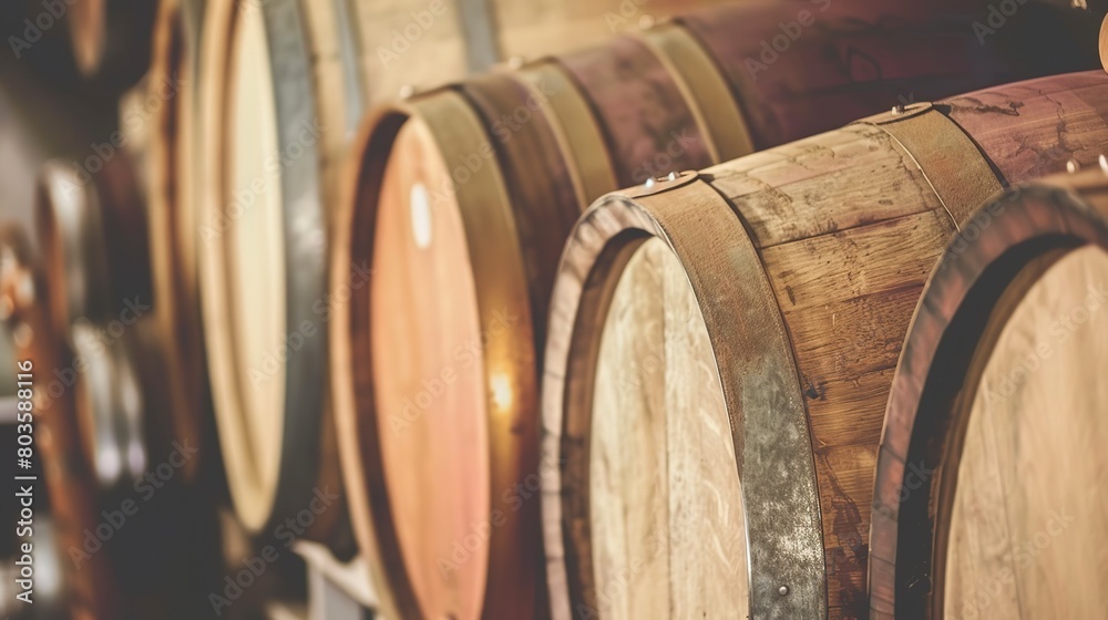 Barrels aging in a brewery cellar, close-up, detailed wood grain and stacked arrangement