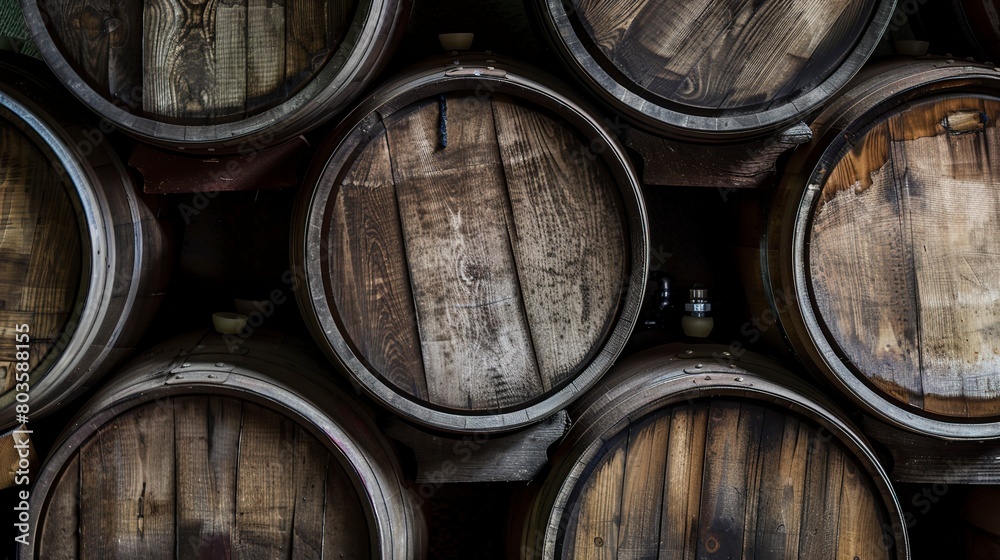 Barrels aging in a brewery cellar, close-up, detailed wood grain and stacked arrangement 