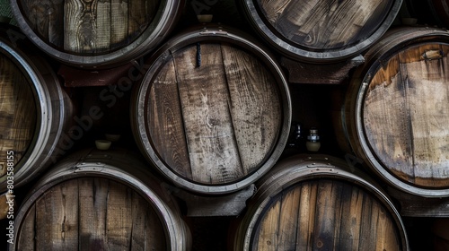 Barrels aging in a brewery cellar  close-up  detailed wood grain and stacked arrangement 