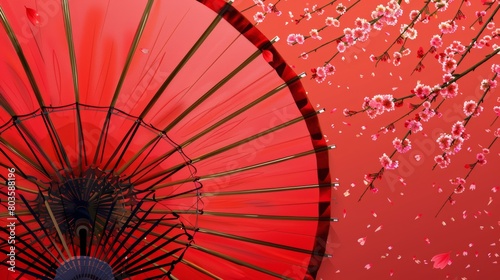 Red Japanese Umbrella with Sakura Tree Pattern Top View. Beautiful Parasol Canopy with Bamboo Ribs Covered With Paper. Illustration