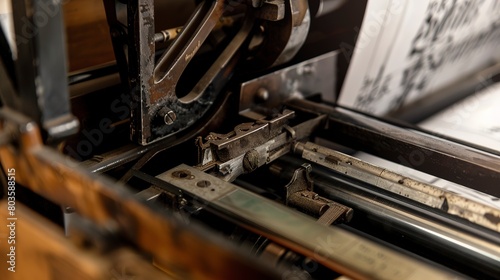 Old printing press in action, close-up, detailed type setting and paper feeding