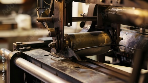 Old printing press in action, close-up, detailed type setting and paper feeding photo