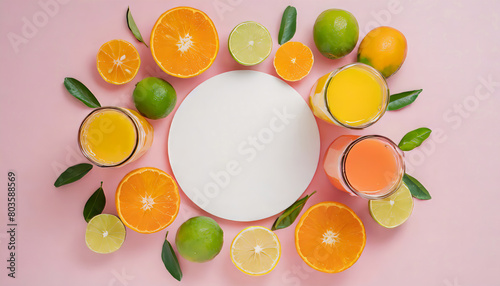 Quench your thirst for summer with this top view flat lay of citrus juices made with fresh oranges  lemons  limes on a stylish pink background with an empty circle for text and advert 