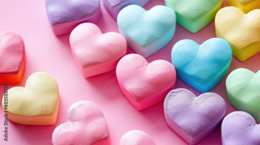 Fototapeta premium Colorful hearts scattered on a pink background, celebrating Valentine's Day. Ai Generated.