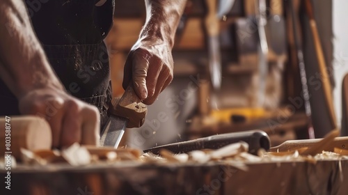 Craftsman carving wood in a historic furniture workshop, close-up, detailed chisels and wood grain photo