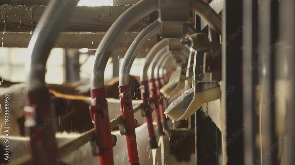 Milking cows with automatic equipment, close-up, detailed udder attachment and milk flow 
