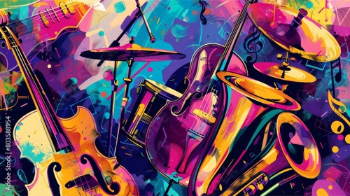 Dynamic illustrations of music instruments, notes, or performers for music-related designs or event promotions.