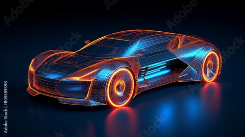 3d rendering of a race car in blue and black background with reflections