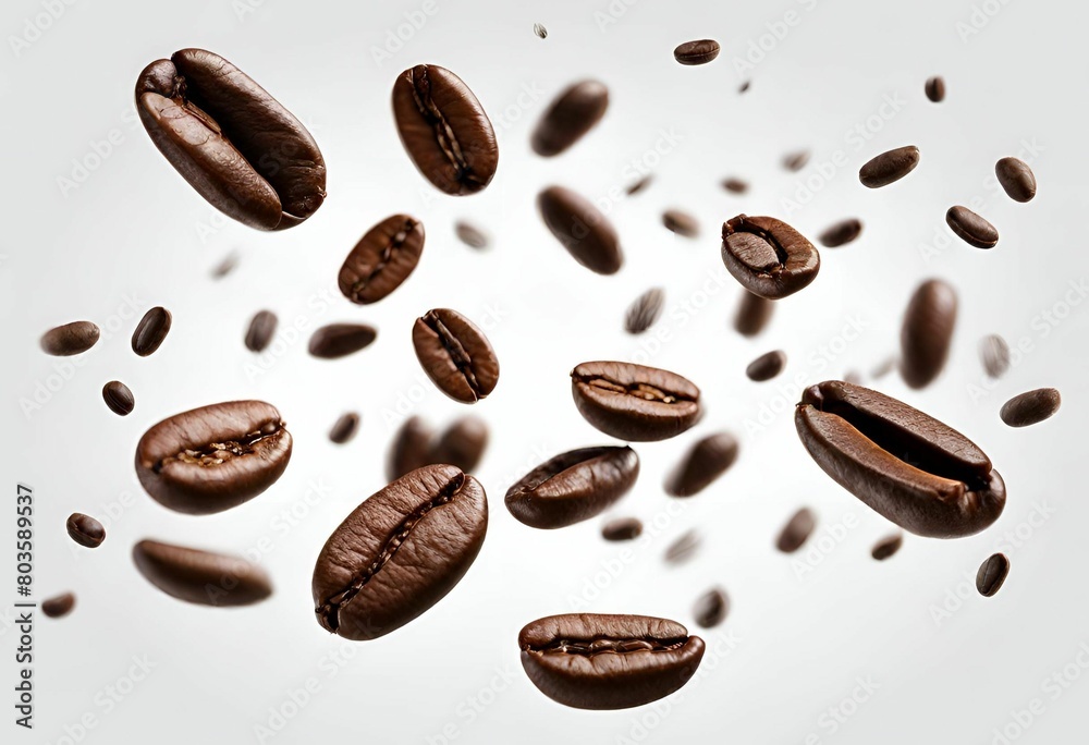 Granos de café esparcidos sobre un fondo color blanco Granos de café esparcidos sobre un fondo color blanco