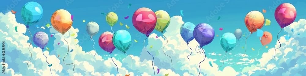 A colorful bunch of balloons floating in the sky. The balloons are of different colors and sizes, creating a vibrant and lively atmosphere, cartoon banner illustration
