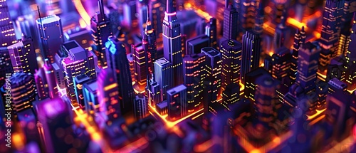 Detailed view of a neon lit cityscape at night, reflecting modernity and future