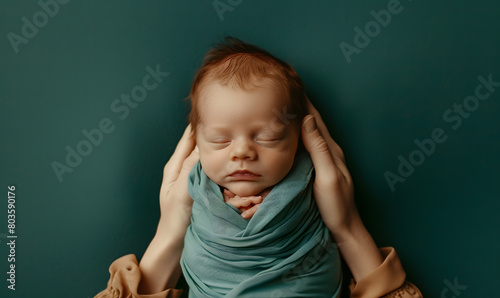 Newborn Baby on Hand, New Born Kid Sleeping in Man Hands, Parents Care Concept