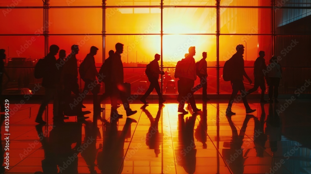 Silhouettes of commuters walking in a glass corridor against a sunset backdrop
