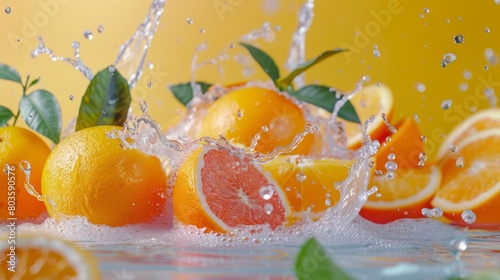 A splash of water is falling on a bunch of oranges and grapefruit. The scene is lively and playful  with the water droplets creating a sense of movement  healthy wallpaper