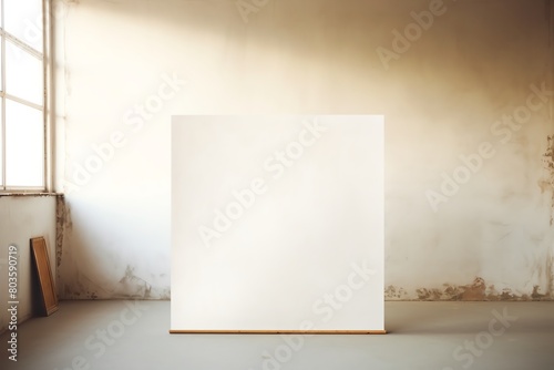 Blank white canvas in artists studio, creative potential, morning light, side view