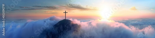 A cross is on top of a mountain with a beautiful sunset in the background. Concept of peace and serenity, as if the cross is a symbol of hope and faith in the midst of a beautiful, banner