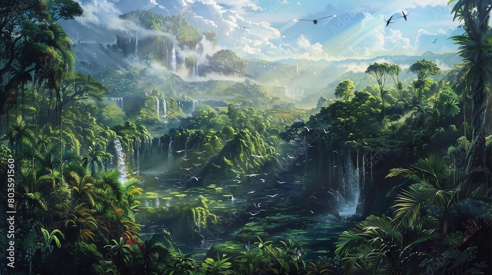 Bring the utopian wilderness to life through a traditional oil painting medium, portraying the intricate details of lush greenery and sparkling water features inhabited by elegant aerial robots soarin