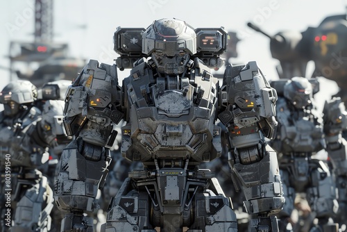 Bring the intimidating presence of wide-angle view military robots to life through a dynamic CG 3D rendering Focus on realistic textures and lighting effects to enhance the realism