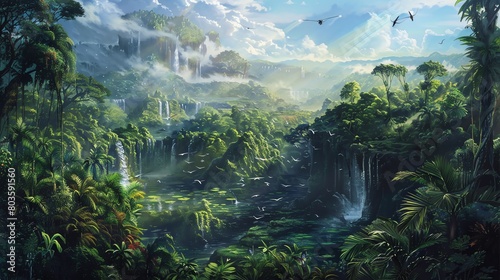 Bring the utopian wilderness to life through a traditional oil painting medium  portraying the intricate details of lush greenery and sparkling water features inhabited by elegant aerial robots soarin