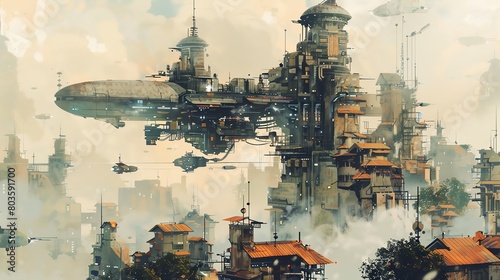 Bring to life the concept of Side view Utopian Dreams through a traditional medium like watercolor, depicting futuristic technologies such as flying vehicles and smart cities Utilize unexpected camera