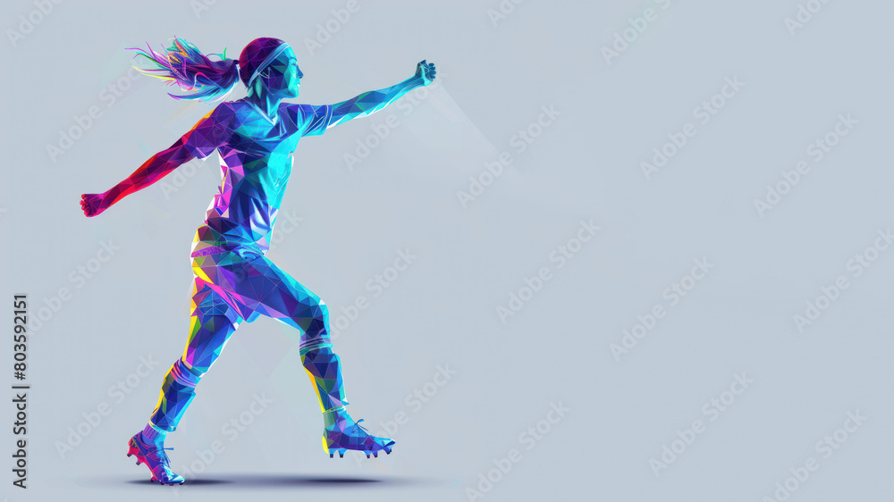 Blue purple geometric form illustration of soccer player celebrating success