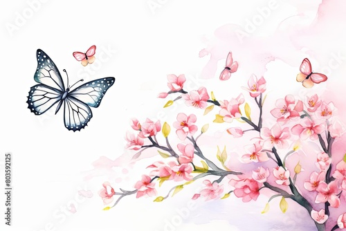 butterfly on cherry blossom watercolor, fleeting butterfly on cherry blossom watercolor