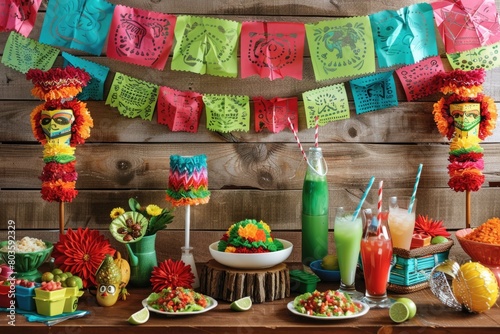 Vibrant Cinco de Mayo Celebration Setup with Pinatas, Papel Picado, and Traditional Mexican Food