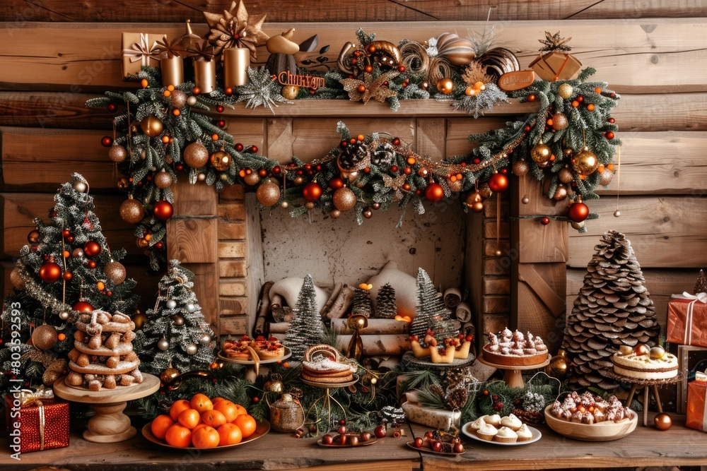 Christmas scene with fir garlands, ornament-shaped cookies, and gifts under the tree on a wooden background