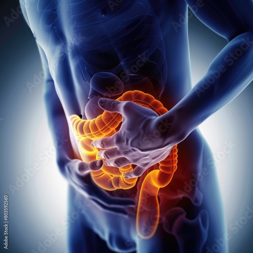 Visual demonstration of digestive tract, intestine, stomach, small colon, duodenum: illustrating issues like disease, pain, and nutrition, emphasizing the importance of gastrointestinal health.