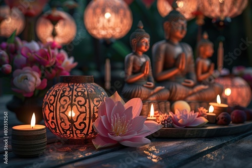 Vesak Day display featuring lanterns, lotus blooms, jasmine garlands, and Buddha statues against wood.