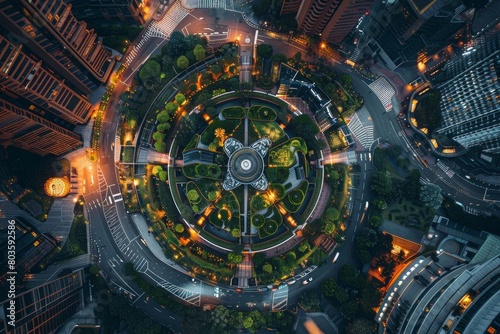 Capture a futuristic cityscape, merging utopian elements like lush gardens and sleek architecture, juxtaposed with subtle hints of societal struggles Employ drone photography for a mesmerizing aerial