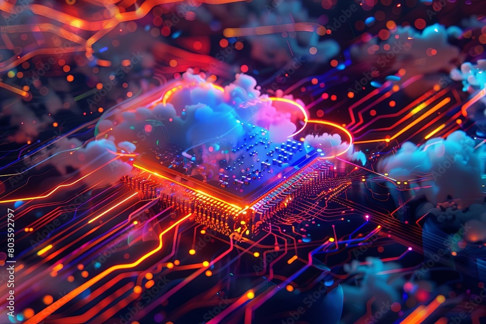 An illustration of a glowing blue and pink cloud hovering above a circuit board. The cloud is surrounded by a red and orange background.