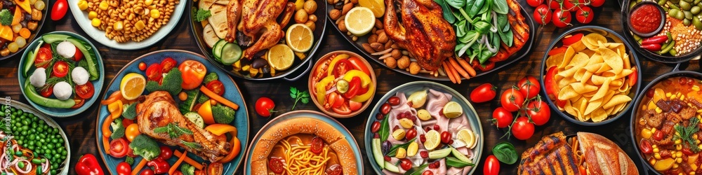 A table full of food with a variety of dishes including chicken, vegetables. The table is set for a large gathering or party. Banner of cuisine food.