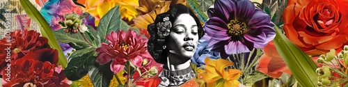 A woman is surrounded by flowers and plants, Collage style illustration, juneteenth mood.