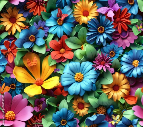 A photo of 3d inflated bright happy colorful flowers and butterflies
