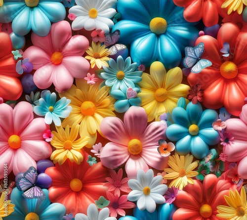 a 3d inflated bright happy colorful flowers and butterflies