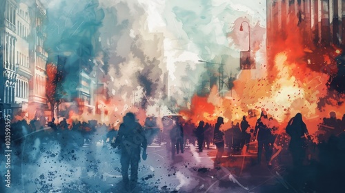Watercolor riots on the street, uproar, city rampage, urban civil unrest disturbance concept illustration, genereative ai photo
