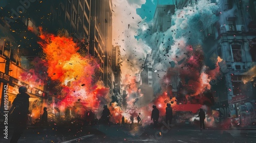 Watercolor riots on the street, uproar, city rampage, urban civil unrest disturbance concept illustration, genereative ai photo